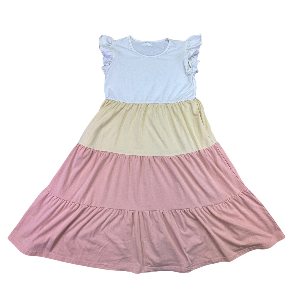 Arshiner Dress Youth Girl's Large 150 Tiered Maxi Dress Colorblock Ruffle Sleeve